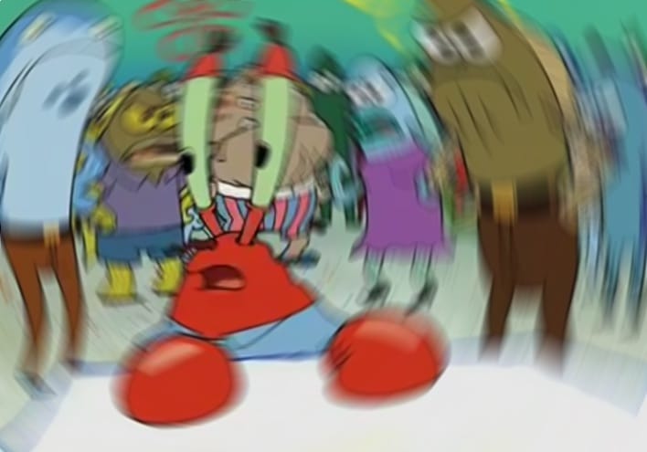 Mr. Krabs is seen disoriented and confused, much like us this election season. 